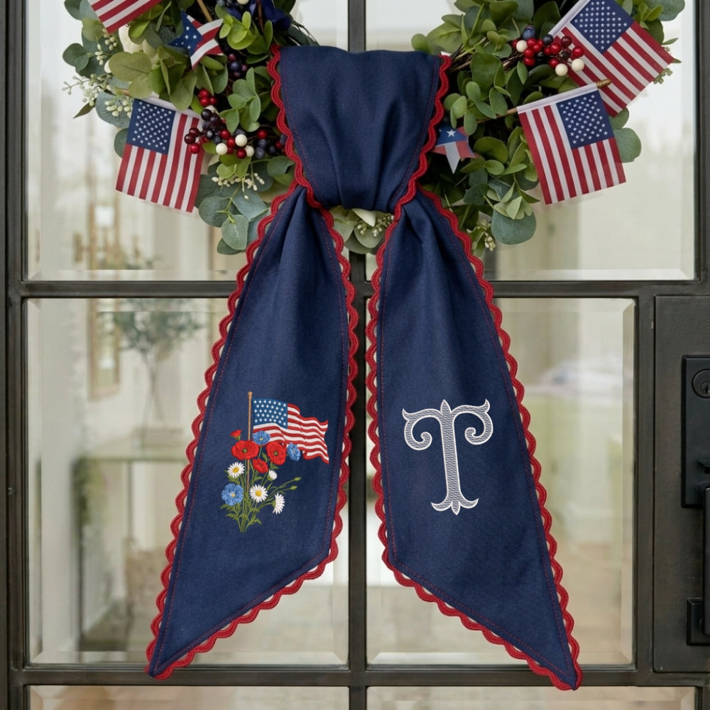 US Flag With Flowers Wreath Sash for Front Door, Patriotic Wreath Sash 54x5 Inch, Personalized Embroidered Monogram Sash, Independence Day Front Door Decor, America Flag with Bow Wreath Sashes