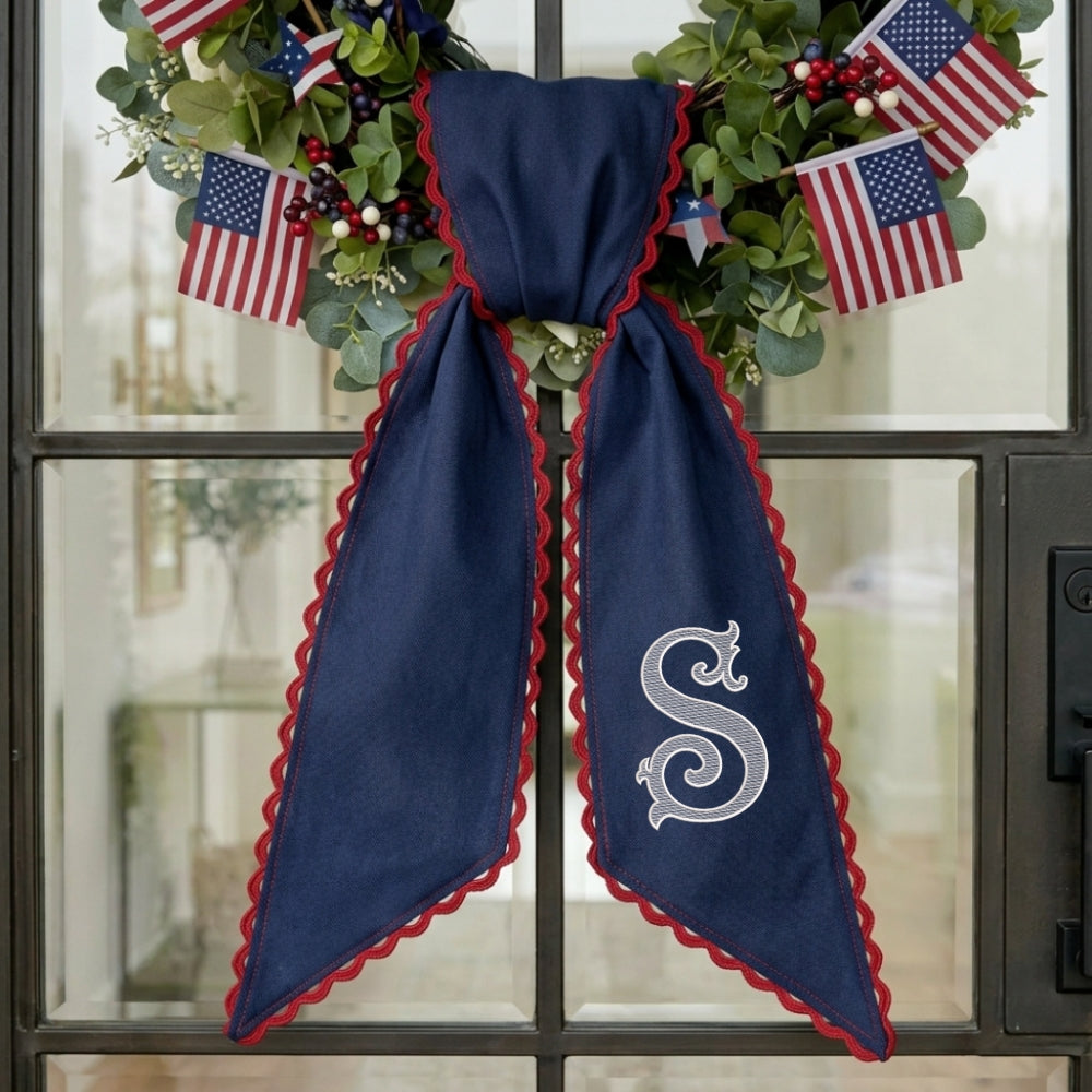 Monogram Wreath Sash Bow for Front Door, Personalized Initial Name Wreath Sash, Summer Wreath Sash, Monogramed Embroidery Ribbon with Adjustable Bow Knot Farmhouse Door Wreath Decor, Housewarming Gift for Family Friends