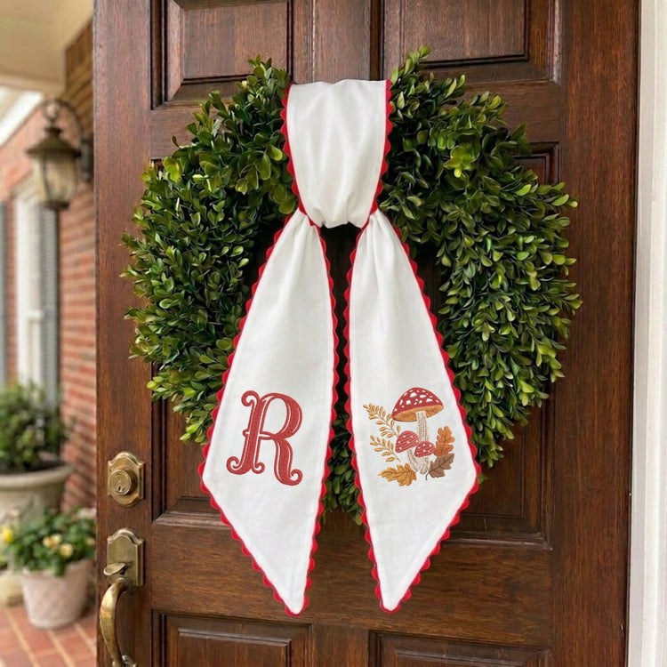 Mushroom Wreath Sash Bow Embroidered Initials, Personalized Monogram Wreath Sashes 54x5 in, Fall Wreath Ribbon for Front Door, Garland Accessories, Autumn Farmhouse Door Wreath Decor