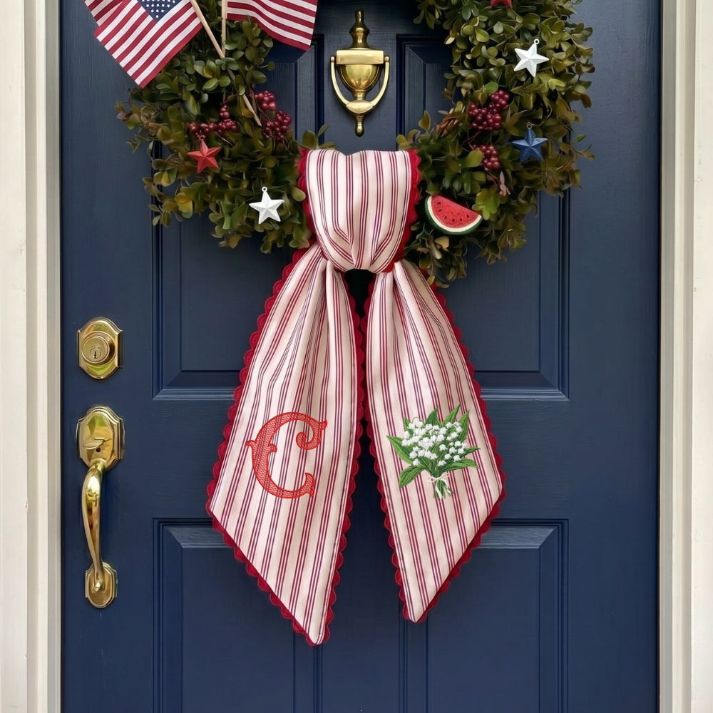 Lily Of The Valley Wreath Sash for Front Door, Embroidered Flowers Wreath Sash 54x5 Inch, Personalized Initial Monogram Sash Front Door Decor, Bow Wreath Sashes for Family Friends