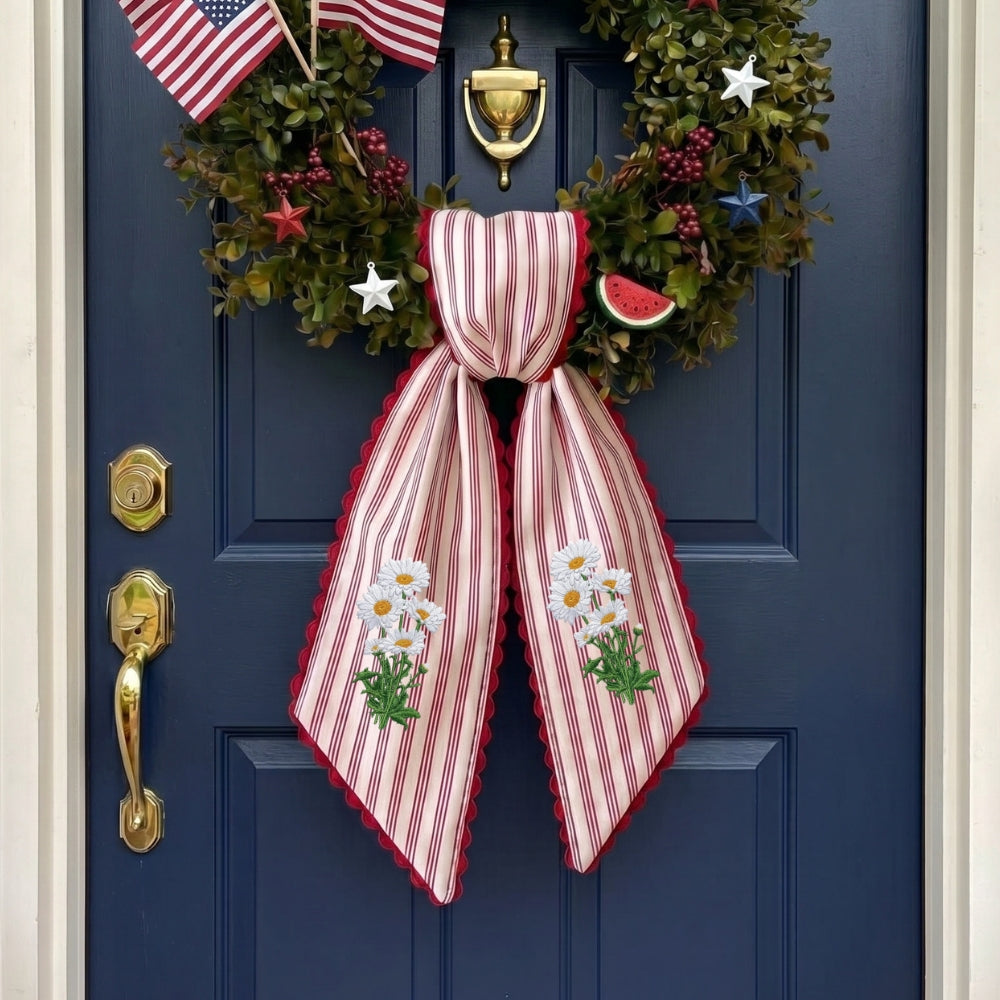 Daisy Wreath Sash for Front Door, Embroidered Flowers Wreath Sash 54x5 Inch, Personalized Initial Monogram Sash Front Door Decor, Bow Ribbon Wreath Sashes for Family Friends