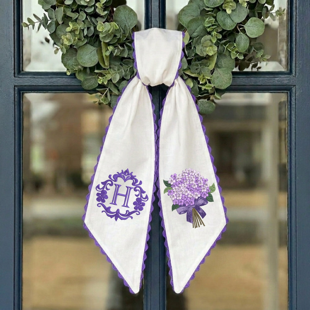Purple Hydrangea Wreath Sash for Front Door, Personalized Initial Name Wreath Sash, Monogramed Embroidered Ribbon with Adjustable Bow Knot Farmhouse Door Wreath Decor, Gift for Family Friends (Copy)