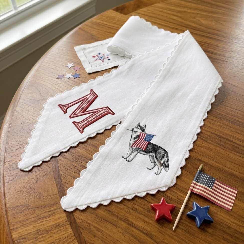 Husky with US Flag Wreath Sash for Front Door, Personalized Initial Name Wreath Sash, Patriotic Wreath Sash, Monogramed Embroidered Ribbon with Adjustable Bow Knot Farmhouse Door Wreath Decor, 4th July Gift for Family Friends