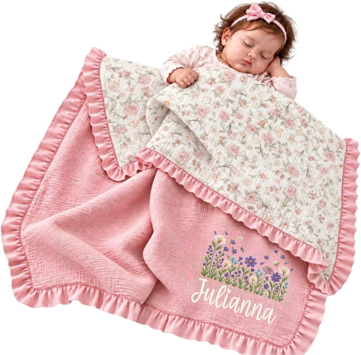 Custom Name Muslin Baby Blanket for Girls, Flowers Reversible Baby Blankets | Personalized Name Baby Stuff, 40x47" Muslin Blankets for Newborn Daughter Toddlers Kids, Baby Shower Gifts for New Parents – image 1