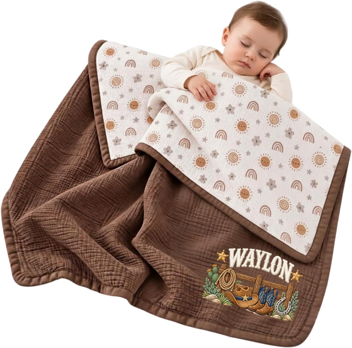 Custom Name Muslin Baby Blanket for Boys Girls, Western Reversible Blankets | Personalized Name Baby Stuff, 40x47" Muslin Blankets for Newborn Daughter Toddlers Kids, Baby Shower Gifts for New Parents – image 1