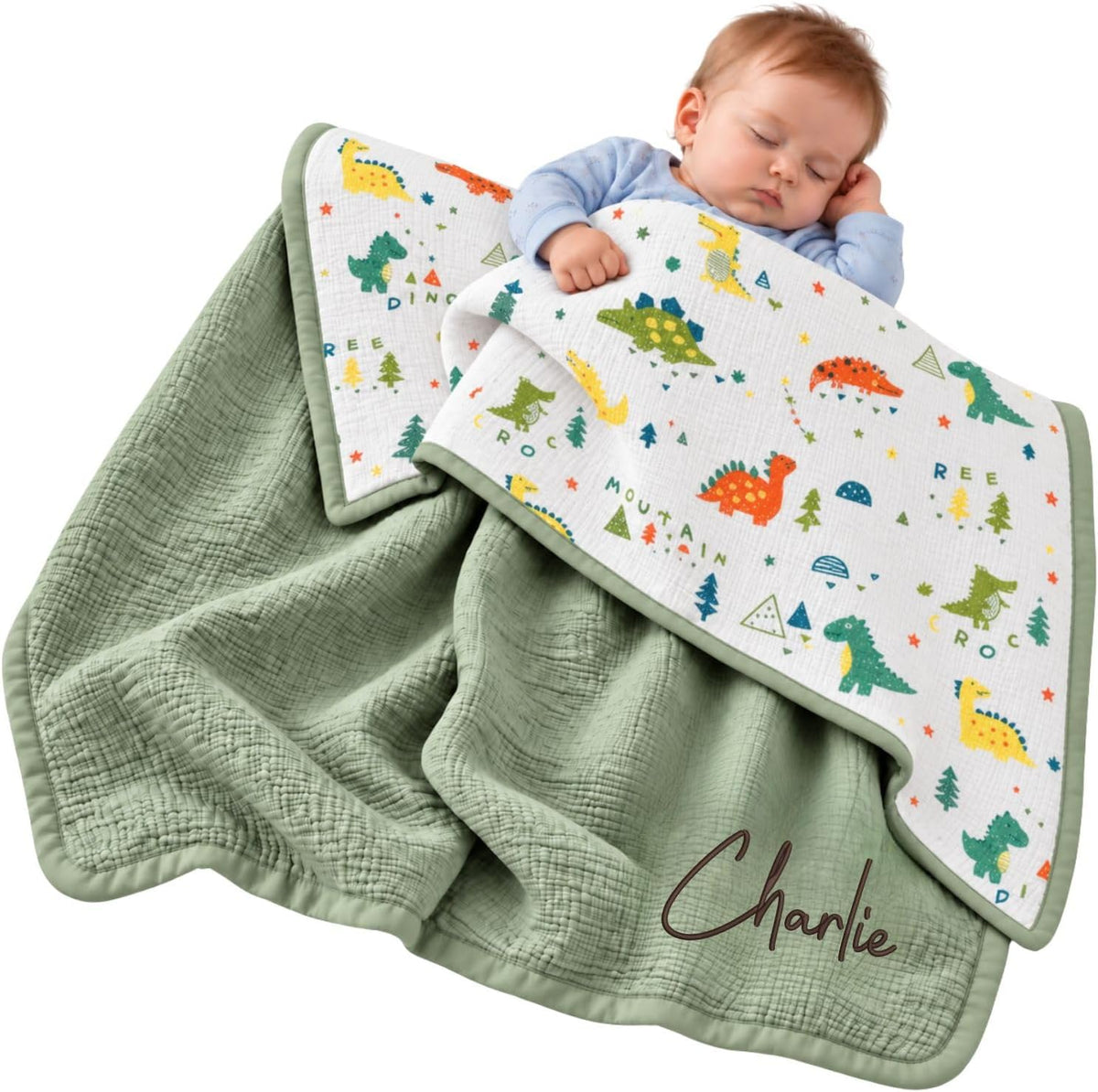 Custom Name Muslin Baby Blanket for Boys, Dinosaur Reversible Baby Blankets | Personalized Name Baby Stuff, 40x47" Muslin Blankets for Newborn Son Toddlers Kids, Baby Shower Gifts for New Parents – image 1