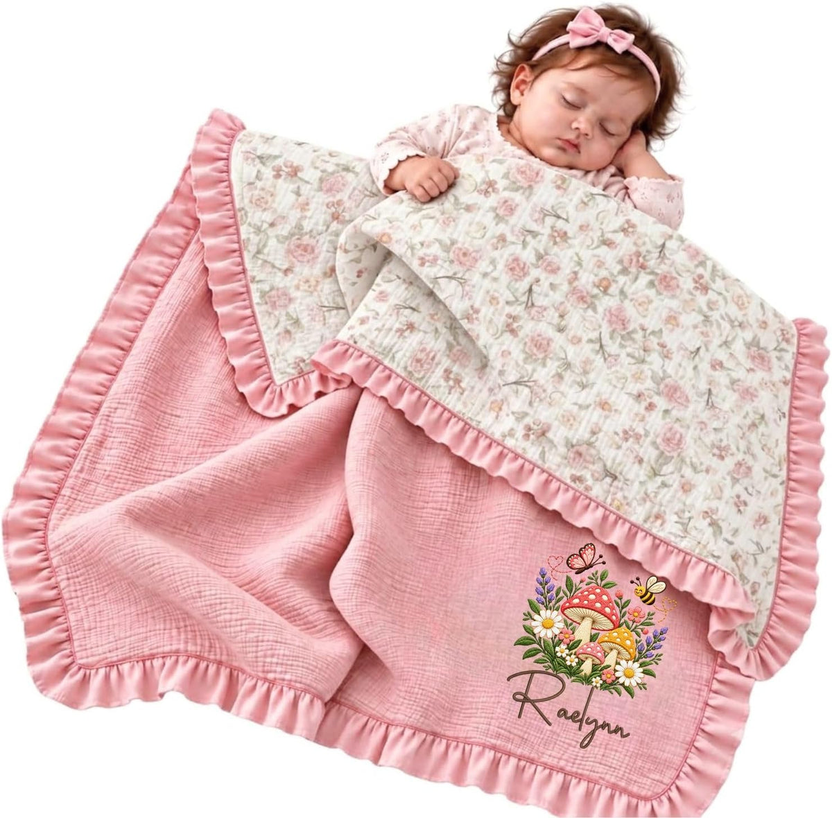 Custom Name Muslin Baby Blanket for Girls, Floral Reversible Baby Blankets | Personalized Name Baby Stuff, 40x47" Muslin Blankets for Newborn Daughter Toddlers Kids, Baby Shower Gifts for New Parents – image 1