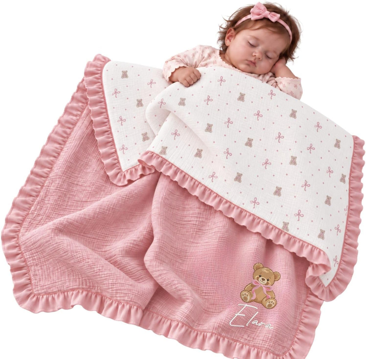 Custom Name Muslin Baby Blanket for Girls, Bear Reversible Baby Blankets | Personalized Name Baby Stuff, 40x47" Muslin Blankets for Newborn Daughter Toddlers Kids, Baby Shower Gifts for New Parents – image 1