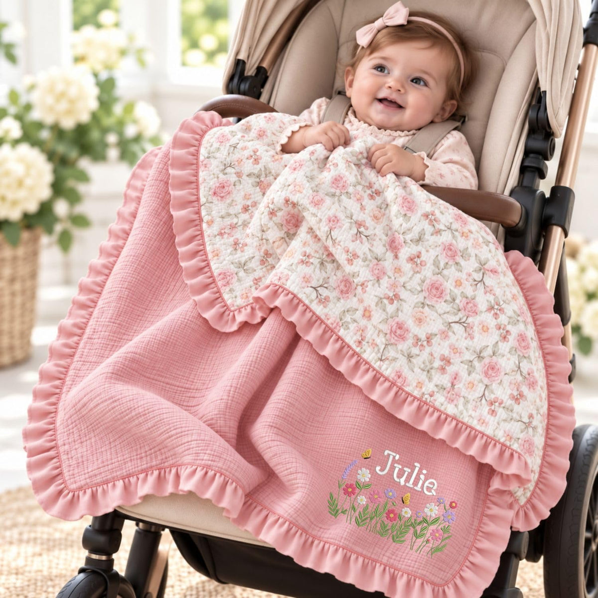 Custom Name Muslin Baby Blanket, Flowers Reversible Baby Blankets for Girls | Personalized Name Baby Stuff, 40x47" Muslin Blankets for Newborn Daughter Toddlers Kids, Baby Shower Gifts for New Parents – image 1