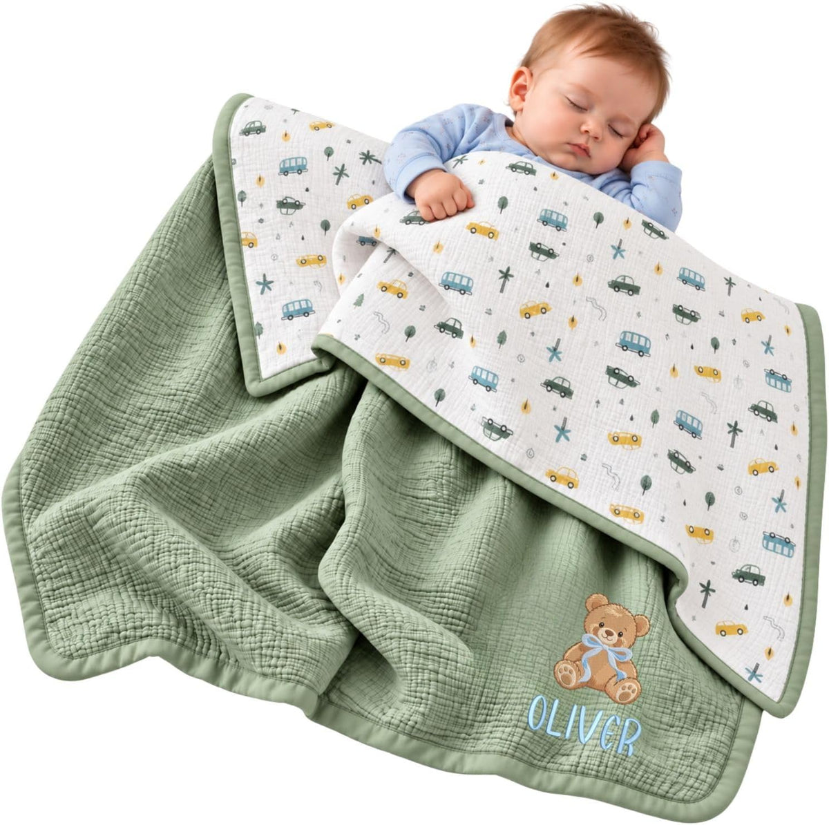 Custom Name Muslin Baby Blanket for Boys, Bear Reversible Baby Blankets | Personalized Name Baby Stuff, 40x47" Muslin Blankets for Newborn Son Daughter Toddlers Kids New Parents – image 1