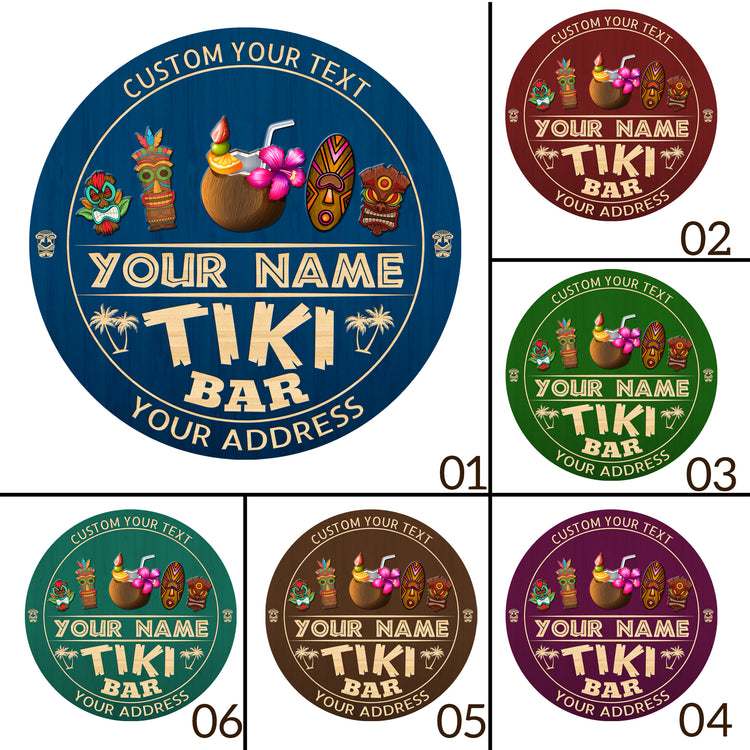 MeMate Custom Tiki Bar Sign - Personalized Wooden Name Sign for Tiki Lounge, Backyard, Patio, Beach Bar, Party Decors - Vintage Rustic Round Printed Wood Signs Wall Hanging Decorative