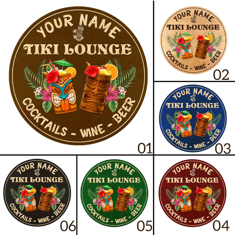 MeMate Custom Tiki Bar Sign - Personalized Wooden Name Sign for Backyard, Patio, Tiki Lounge, Beach, Party Decors - Rustic Round Printed Wood Signs Wall Hanging Decorative