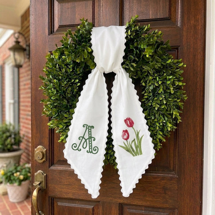 Tulip Wreath Sash for Front Door, Embroidered Flower Wreath Sash 54x5 Inch, Personalized Initial Monogram Sash Front Door Decor, Bow Wreath Sashes for Family Friends