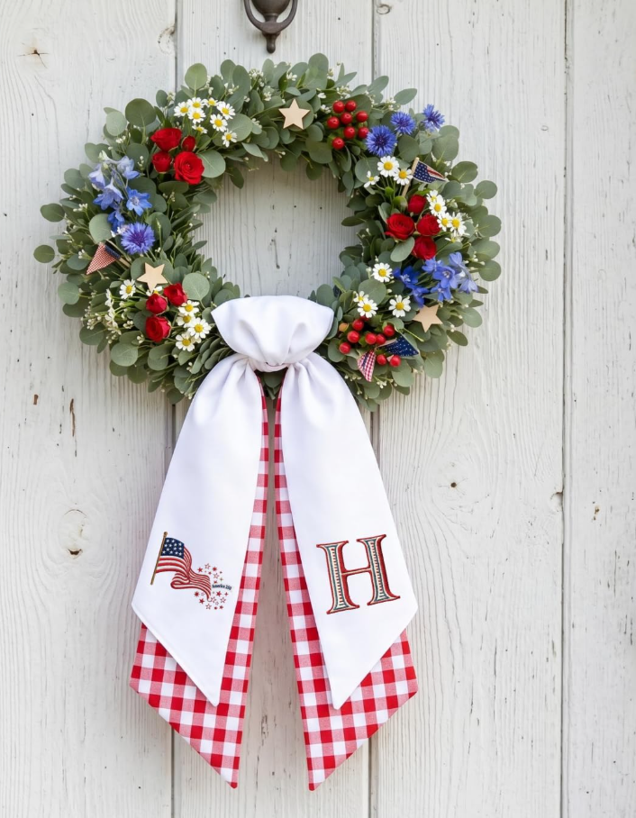 Patriotic Wreath Sash for Front Door, America 250 US Flag Door Wreath Decor, 54x5 in Personalized Initial Wreath Ribbon, Monogram Embroidered Sash for Holiday, 4th of July Wreath Sashes, Housewarming Gifts