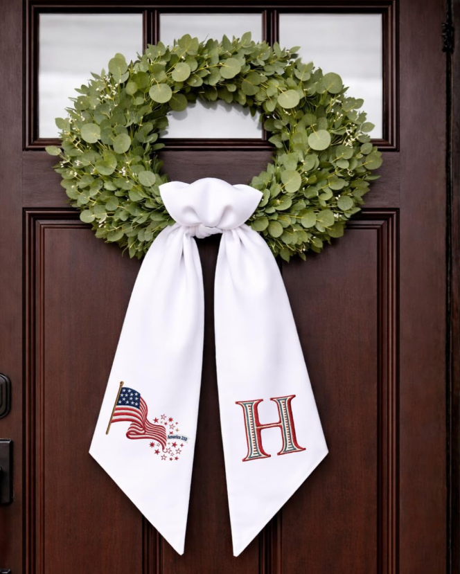 Patriotic Wreath Sash for Front Door, America 250 US Flag Door Wreath Decor, 54x5 in Personalized Initial Wreath Ribbon, Monogram Embroidered Sash for Holiday, 4th of July Wreath Sashes, Housewarming Gifts