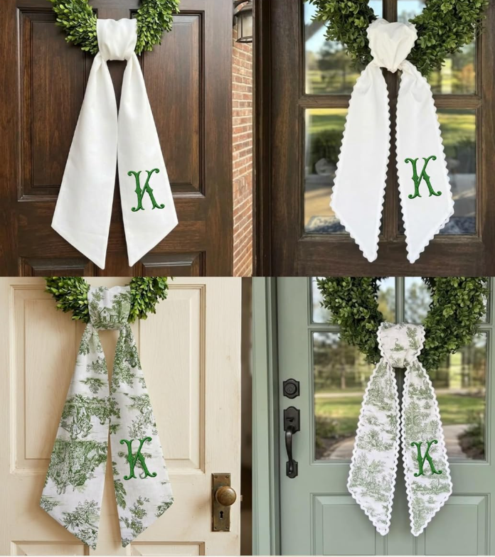Monogram Wreath Sash Bow for Front Door, Green Toile Wreath Ribbon with Adjustable Bow Knot Farmhouse Door Wreath Decor Monogram Embroidered Sash for Holiday