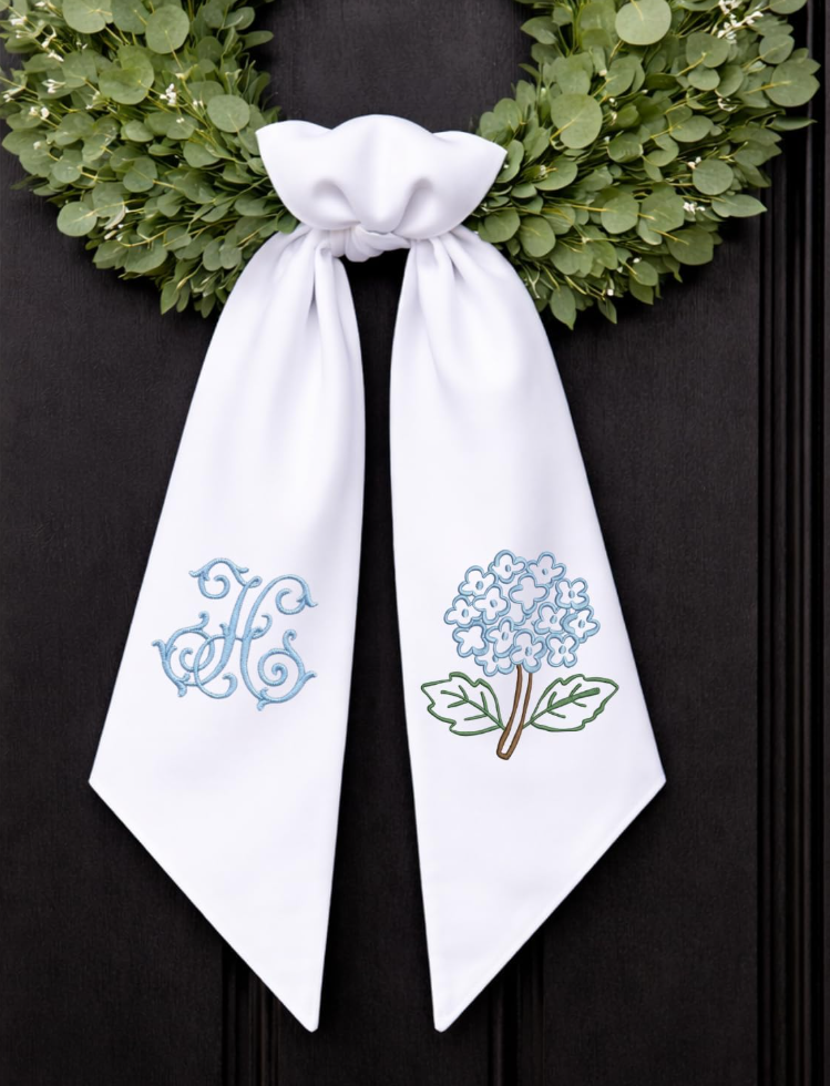 Monogram Wreath Sash Bow for Front Door, Hydrangea Wreath Ribbon with Adjustable Bow Knot Farmhouse Door Wreath Decor, Flowers Monogram Embroidered Sash for Holiday,Wedding,Memorial