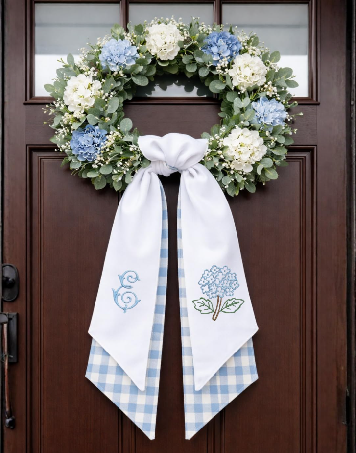 Monogram Wreath Sash Bow for Front Door, Hydrangea Wreath Ribbon with Adjustable Bow Knot Farmhouse Door Wreath Decor, Flowers Monogram Embroidered Sash for Holiday,Wedding,Memorial