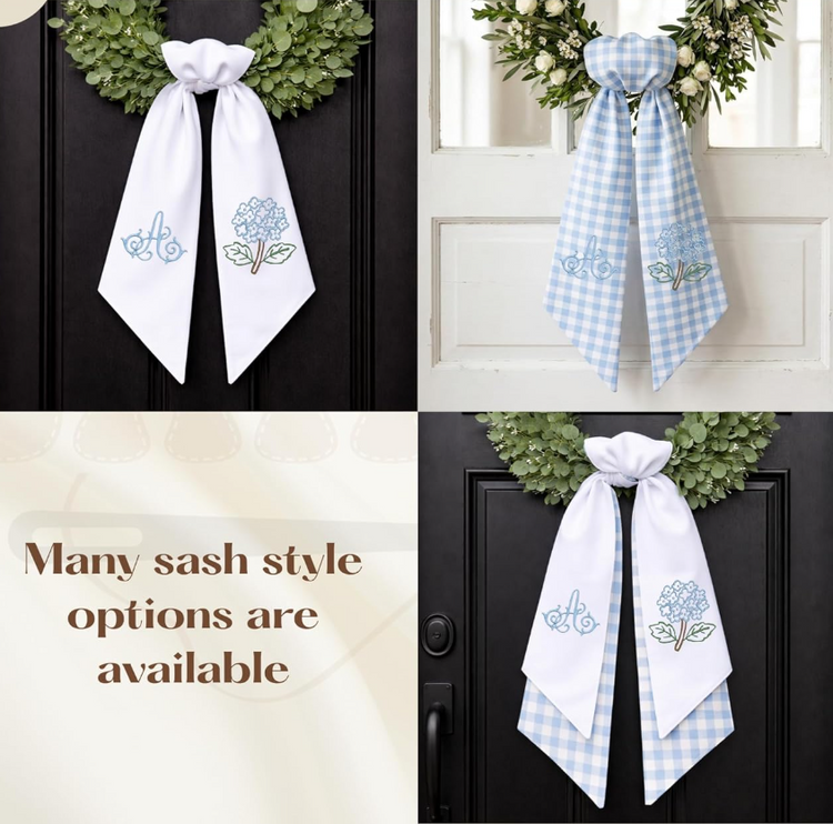 Monogram Wreath Sash Bow for Front Door, Hydrangea Wreath Ribbon with Adjustable Bow Knot Farmhouse Door Wreath Decor, Flowers Monogram Embroidered Sash for Holiday,Wedding,Memorial