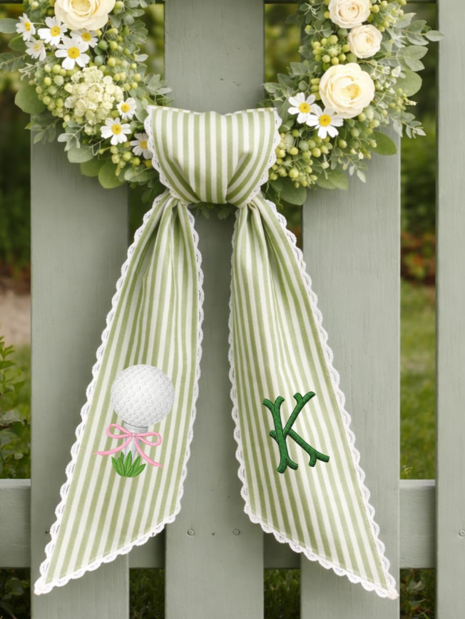 Monogram Wreath Sash Bow for Front Door, Personalized Initial Name, Golf Embroidered Ribbon with Adjustable Bow Knot Farmhouse Door Wreath Decor, Monogram Golf Sash