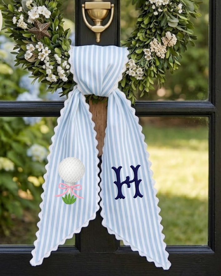 Monogram Wreath Sash Bow for Front Door, Personalized Initial Name, Golf Embroidered Ribbon with Adjustable Bow Knot Farmhouse Door Wreath Decor, Monogram Golf Sash