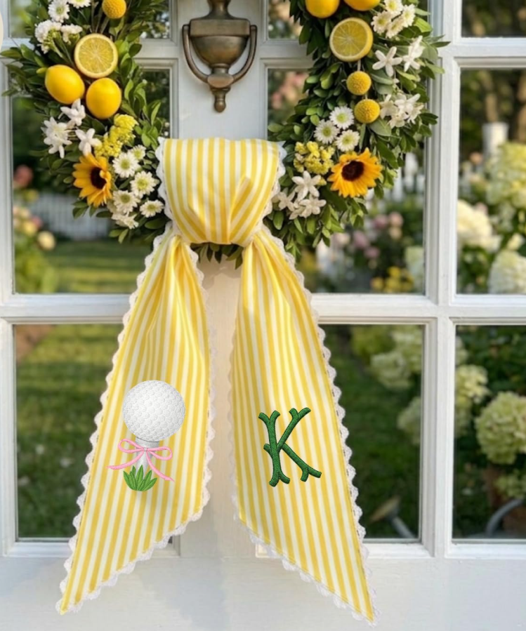 Monogram Wreath Sash Bow for Front Door, Personalized Initial Name, Golf Embroidered Ribbon with Adjustable Bow Knot Farmhouse Door Wreath Decor, Monogram Golf Sash