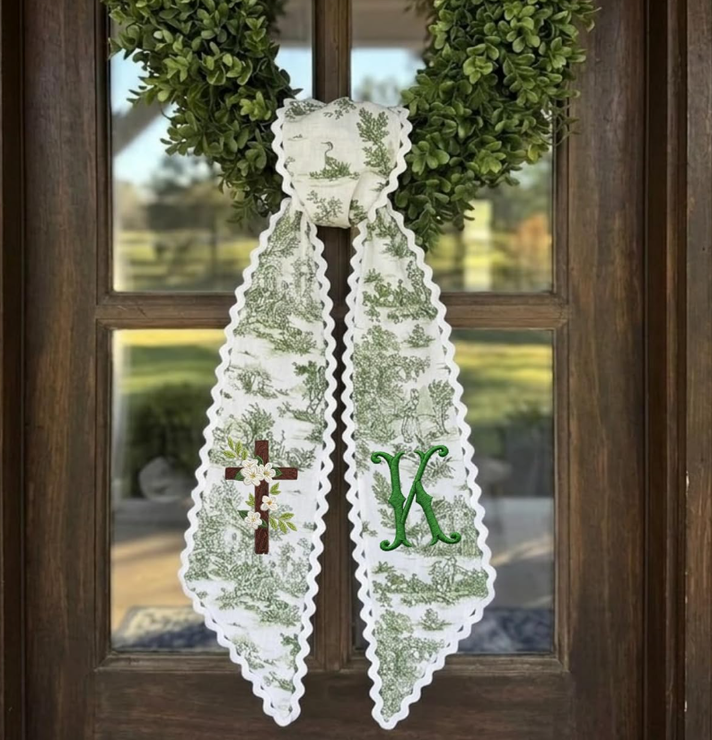 Personalized Cross Monogramed Wreath Sash 54x5, Embroidered Initial Wreath Sash Bow, Monogram Door Decor, Spring Toile Front Door Bow, Embroidered Holiday Sash