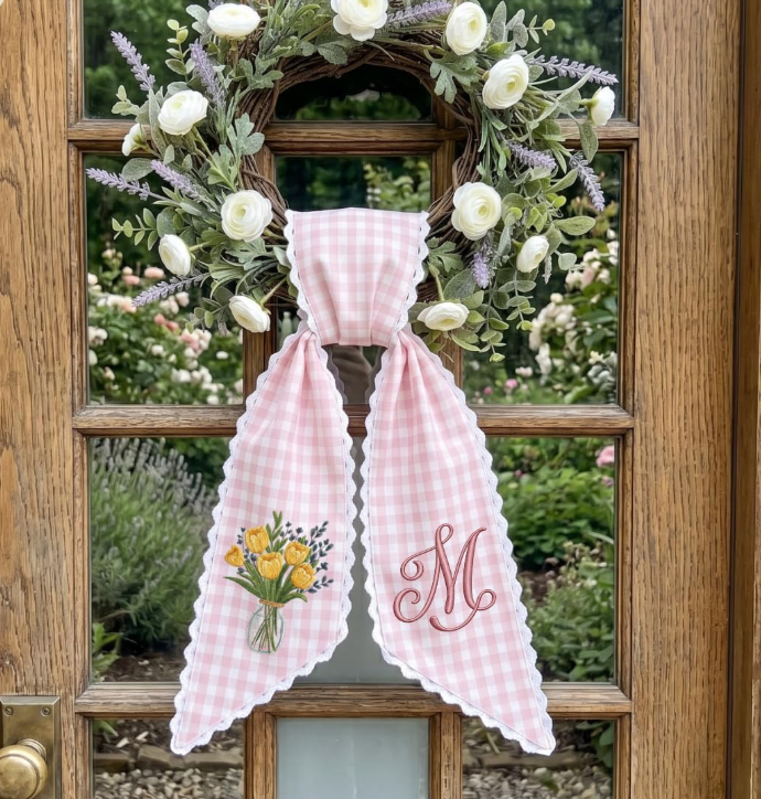 Personalized Yellow Tulip Wreath Sash 54x5, Embroidered Tulip Wreath Sash Bow, Monogram Door Decor, Spring Toile Front Door Bow, Embroidered Holiday Sash