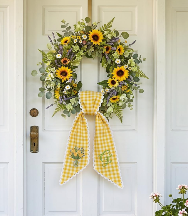 Personalized Yellow Tulip Wreath Sash 54x5, Embroidered Tulip Wreath Sash Bow, Monogram Door Decor, Spring Toile Front Door Bow, Embroidered Holiday Sash