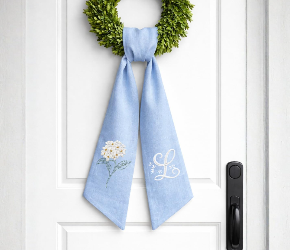 Monogram Wreath Sash Bow for Front Door, Hydrangea Wreath Ribbon with Adjustable Bow Knot Farmhouse Door Wreath Decor Monogram Embroidered Sash for Holiday,Wedding,Memorial