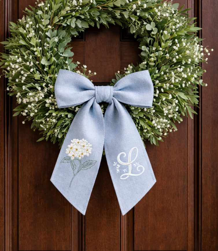 Monogram Wreath Sash Bow for Front Door, Hydrangea Wreath Ribbon with Adjustable Bow Knot Farmhouse Door Wreath Decor Monogram Embroidered Sash for Holiday,Wedding,Memorial