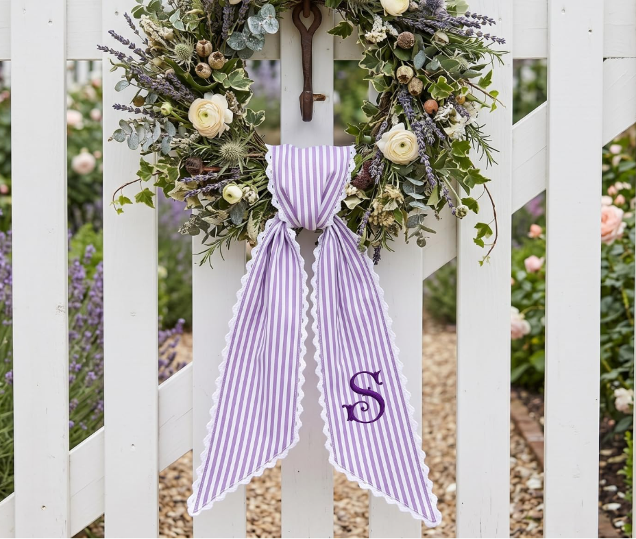 Monogram Wreath Sash Bow for Front Door, Personalized Initial Name, Monogramed Embroidered Ribbon with Adjustable Bow Knot Farmhouse Door Wreath Decor, Gift for Family Friends