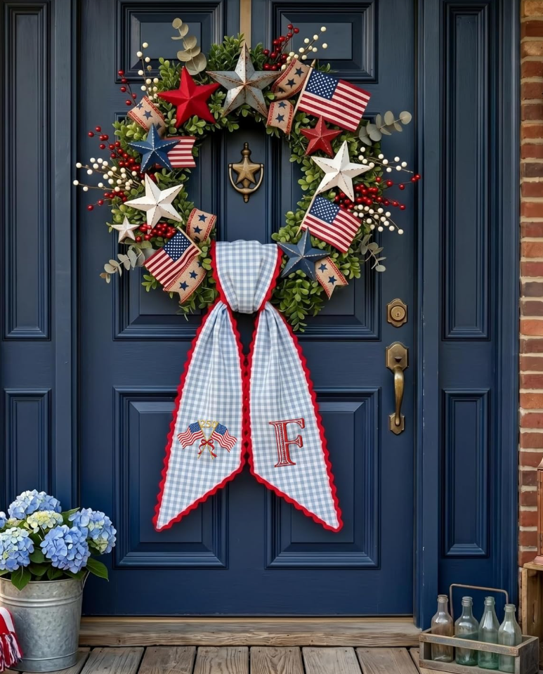 Personalized Embroidered American Flag Wreath Sash, Custom Monogram Door Sash, 54x5 inches Sash Monogram 4th of July Wreath Sash, American Flag Door Decor