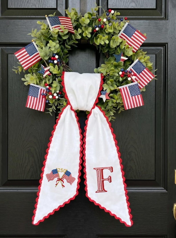 Personalized Embroidered American Flag Wreath Sash, Custom Monogram Door Sash, 54x5 inches Sash Monogram 4th of July Wreath Sash, American Flag Door Decor