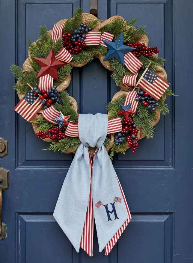 Patriotic Wreath Sash, Monogram Wreath Sash Bow for Front Door, Wreath Ribbon with Adjustable Bow Knot Farmhouse Door Wreath Decor Monogram Embroidered Sash for Holiday, Wedding, Memorial, Housewarming Gift for Family Friends