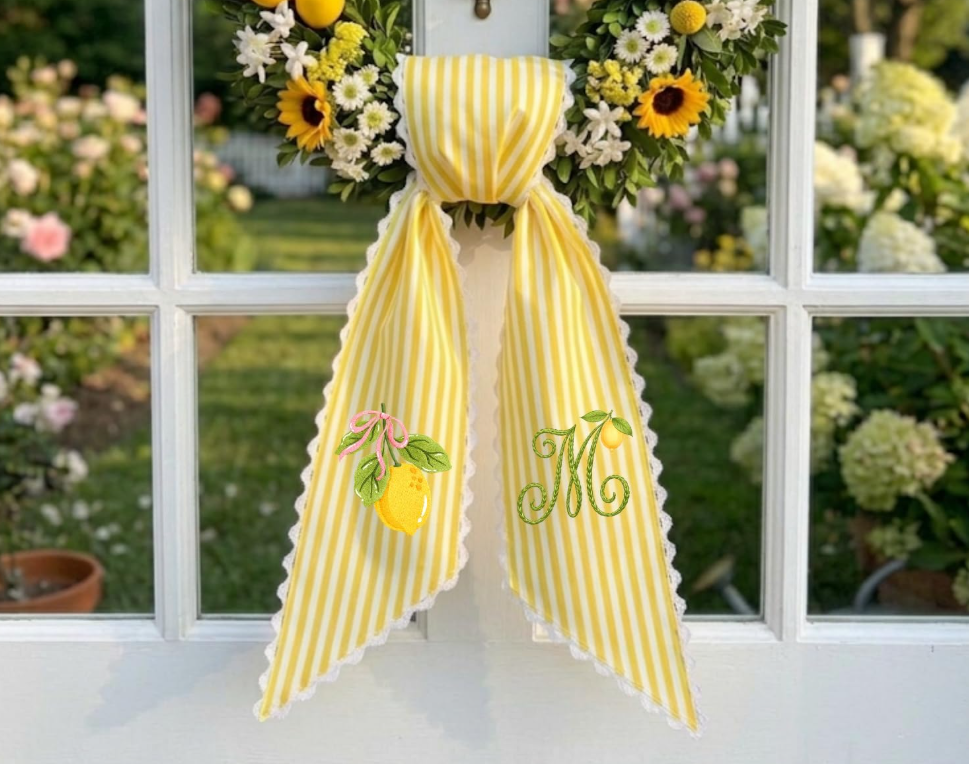Summer Wreath Sash with Lemon, Monogram Wreath Sash for Front Door, Personalized Initial Name, Monogramed Embroidered Ribbon with Adjustable Bow Knot Farmhouse Door Wreath Decor, Gift for Family Friends