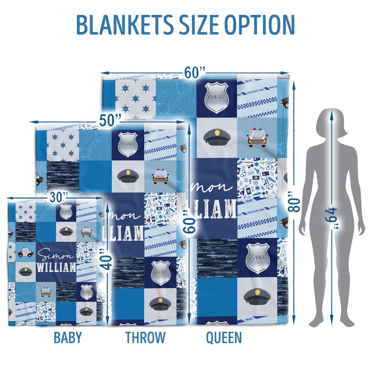 Police Baby Blankets, Blue Baby Blanket, Personalized Baby Blankets for Boys, Custom Baby Blankets Name, Swaddle Blanket for Girls, Plush Blankets for Baby Girl Boy Daughter Son Toddlers Kids