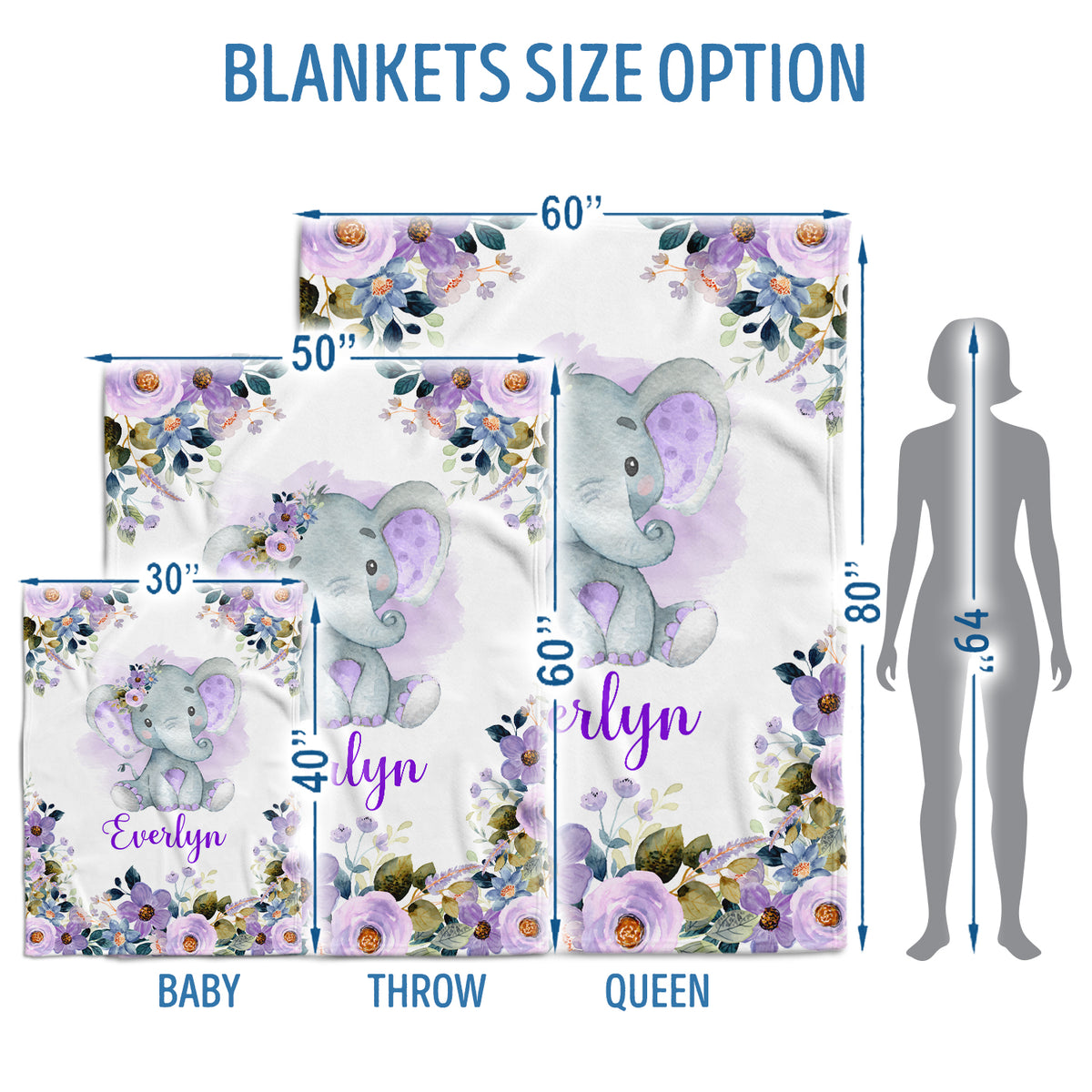 Elephant Baby Blankets, Personalized Baby Blankets for Girls, Custom Baby Elephant Blankets with Purple Flowers, Baby Girl Swaddle Blankets, Plush Blankets for Newborn Infant Daughter Granddaughter