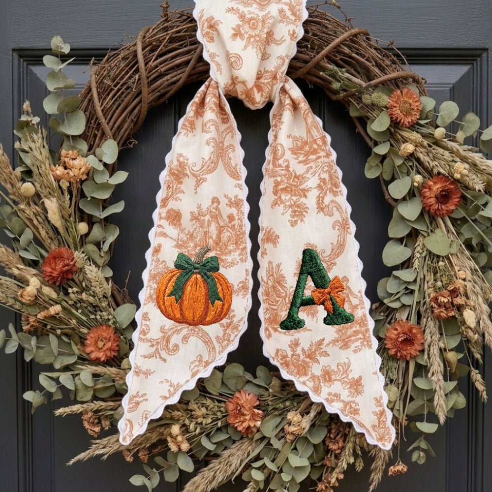 Fall Wreath Sash Bow Embroidered Initials, Personalized Monogram Wreath Sashes 54x5 in, Autumn Wreath Ribbon for Front Door, Garland Accessories, Farmhouse Door Wreath Decor, Pumpkins Monogram Sash