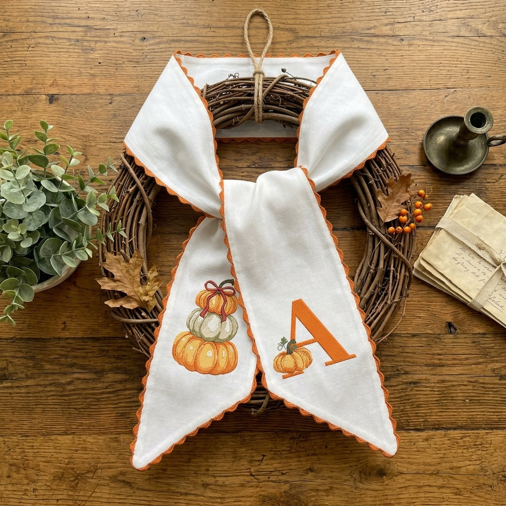 Fall Wreath Sash Bow, Personalized Initial Wreath Sashes 54x5 in, Autumn Wreath Ribbon for Front Door, Monogram Garland Accessories, Farmhouse Door Wreath Decor, Pumpkins Monogram Embroidered Sash