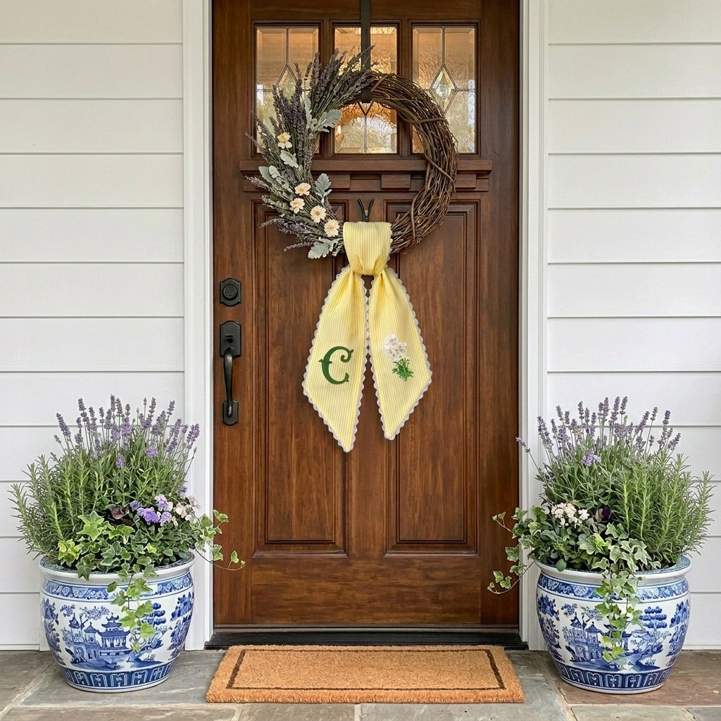 Daisy Wreath Sash for Front Door, Embroidered Flowers Wreath Sash 54x5 Inch, Personalized Initial Monogram Sash Front Door Decor, Bow Ribbon Wreath Sashes for Family Friends