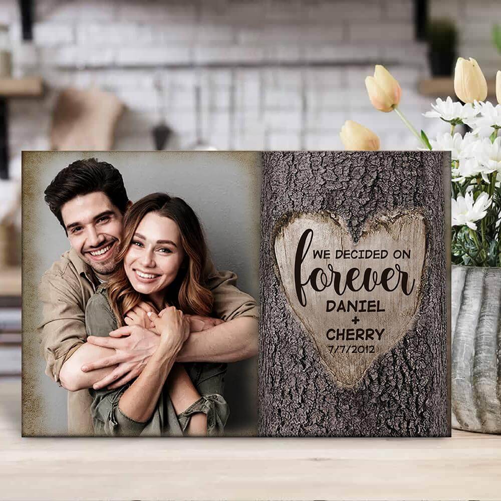 We Decided On Forever Carved Tree Desktop Plaque