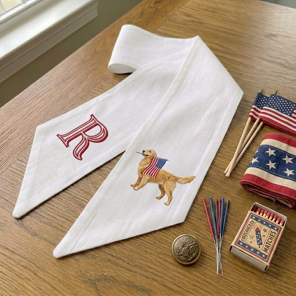 Patriotic Wreath Sash for Front Door, Golden Retriever with US Flag Door Wreath Decor, 54x5 in Personalized Initial Wreath Ribbon, Monogram Embroidered Sash for Holiday, 4th of July Wreath Sashes, Housewarming Gifts