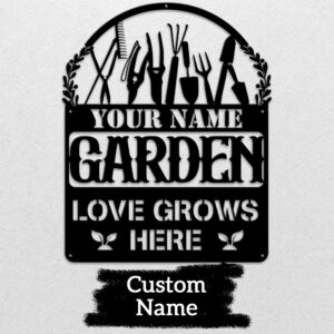 1 MeMate Garden Sign Outdoor Decor Love Grows Here Personalized Metal Sign for Backyard Patio Garden Porch Deck Large Metal Sign