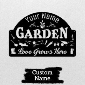 1 MeMate Personalized Metal Sign for Garden Custom Name Signs for Garden Porch Deck Love Grows Here Garden Sign
